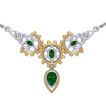 Steampunk Celtic Silver and Gold Accent Necklace with Gemstone MNC550 - Jewelry
